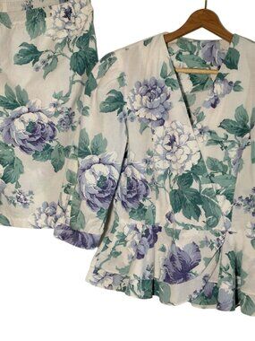 Vintage Outfit Set Size 10 Skirt Top White Purple Peony Floral Peplum Shirt